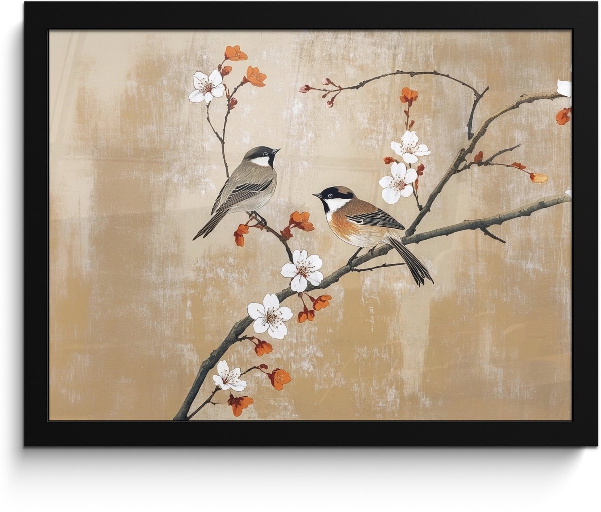 FrameYourWall Poster in lijst - Fotolijst 40x30 cm - Posters - Vogels - Bloesemtak - Bloemen - Oranje - Posterlijst zwart - Decoratie - Wanddecoratie woonkamer - Muurdecoratie slaapkamer