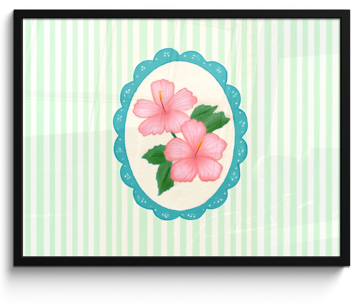 FrameYourWall Poster in lijst - Fotolijst 80x60 cm - Posters - Bloemen - Ovaal - Strepen - Groen - Posterlijst zwart - Decoratie - Wanddecoratie woonkamer - Muurdecoratie slaapkamer Bloemen - Strepen
