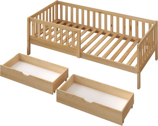 Houten ledikant met spijlen en twee open lades.