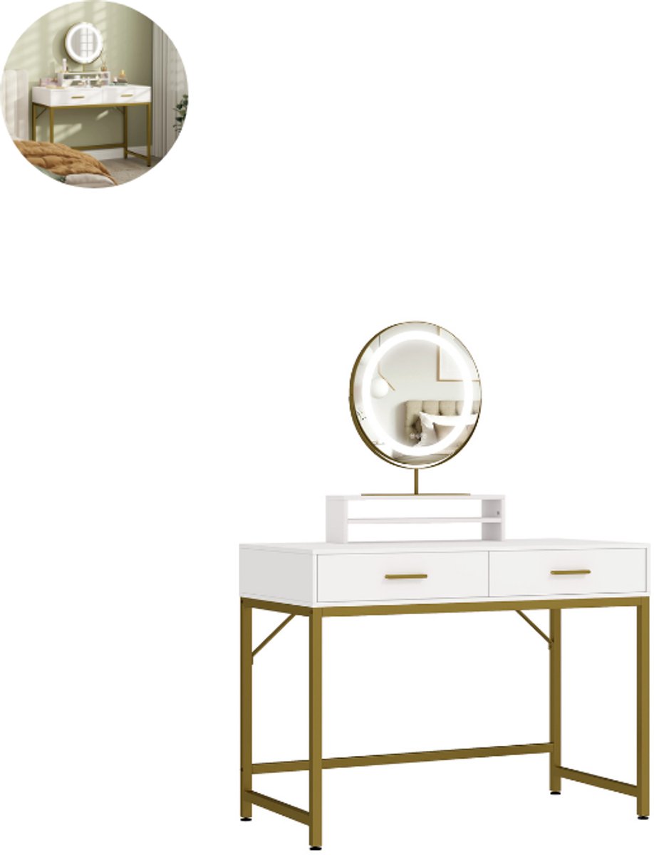 Kaptafel met spiegel - Make up tafel - Make up - Toilettafel - Met lades - Wit+Goud