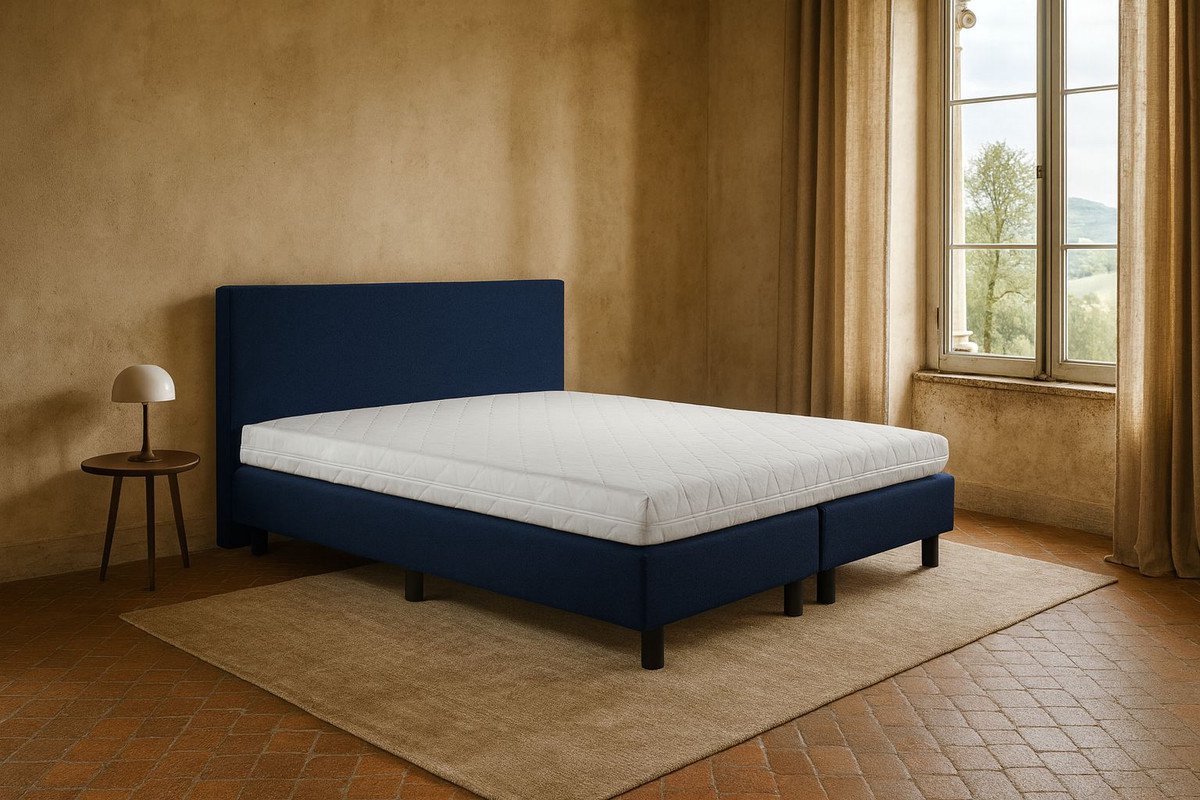 Boxspring Vendita vlak 140x190 cm Luxe Pocketvering Stof donkerblauw Gratis 2x Hoofdkussen