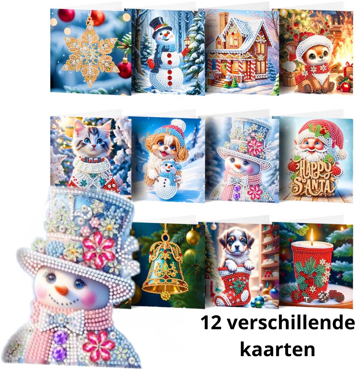 IZGO Diamond Painting Kaarten – 12 Wenskaarten met envelop - Zonder Tekst - Volwassenen – Volledig Pakket - Diamant schilderen - Kerst