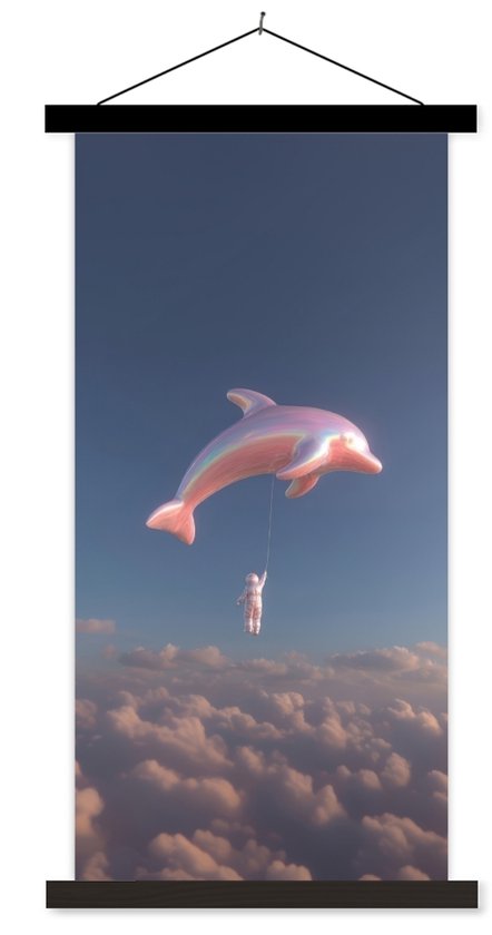 Posterhanger incl. Poster 60x120 cm - Schoolplaat - Dolfijn - Roze - Astronaut - Textielposter - Zwarte latten