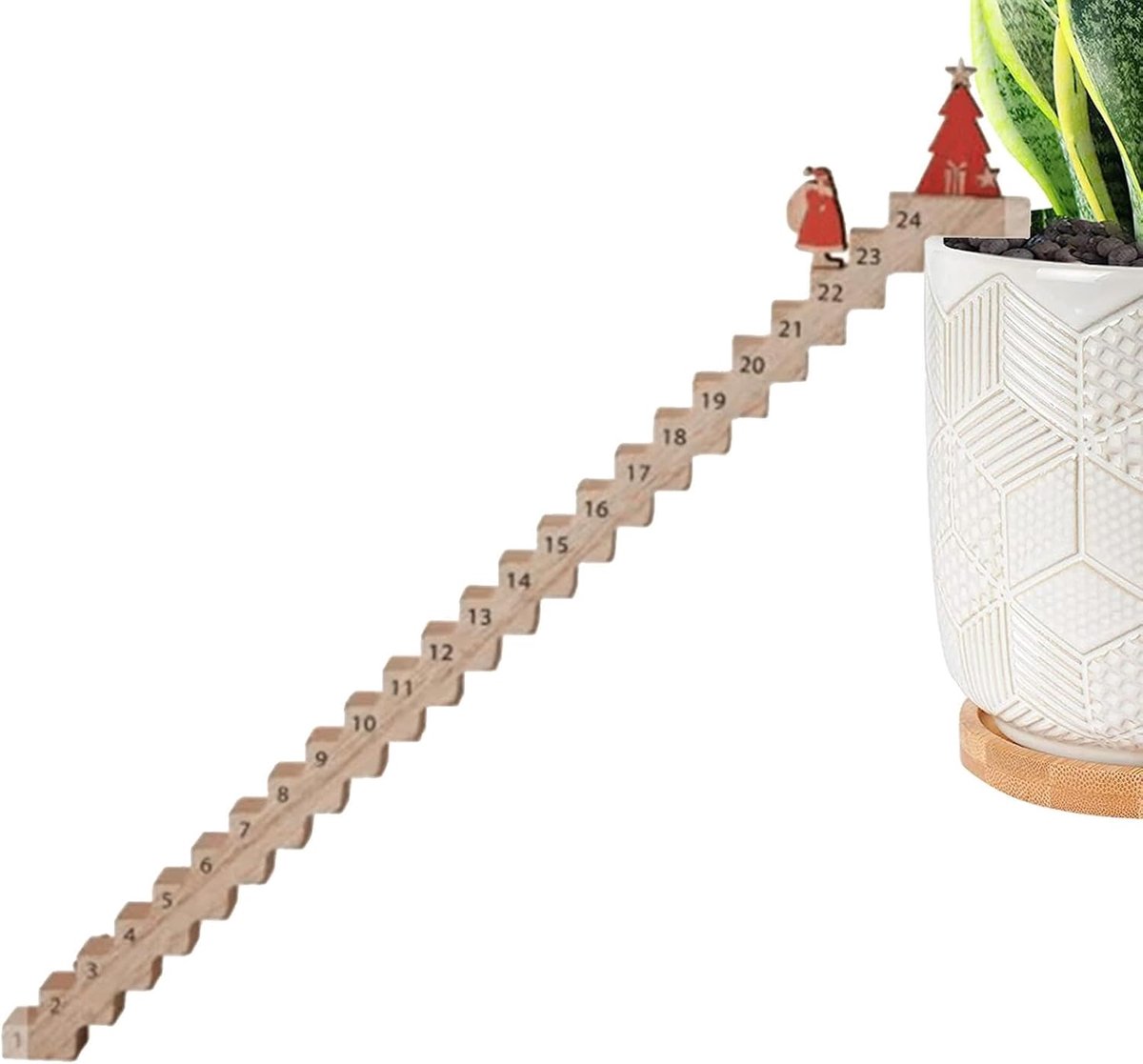 Houten trap met Kerstman en kerstversiering voor aftellen naar Kerstmis.