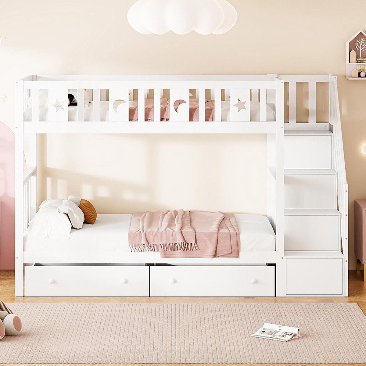 KOMHTOM BLACKCOLORS Kinderbed 90*200/90*200 cm, stapelbed van massief hout met veiligheidstrap, opbergtrap, twee grote lades en lattenbodem, wit