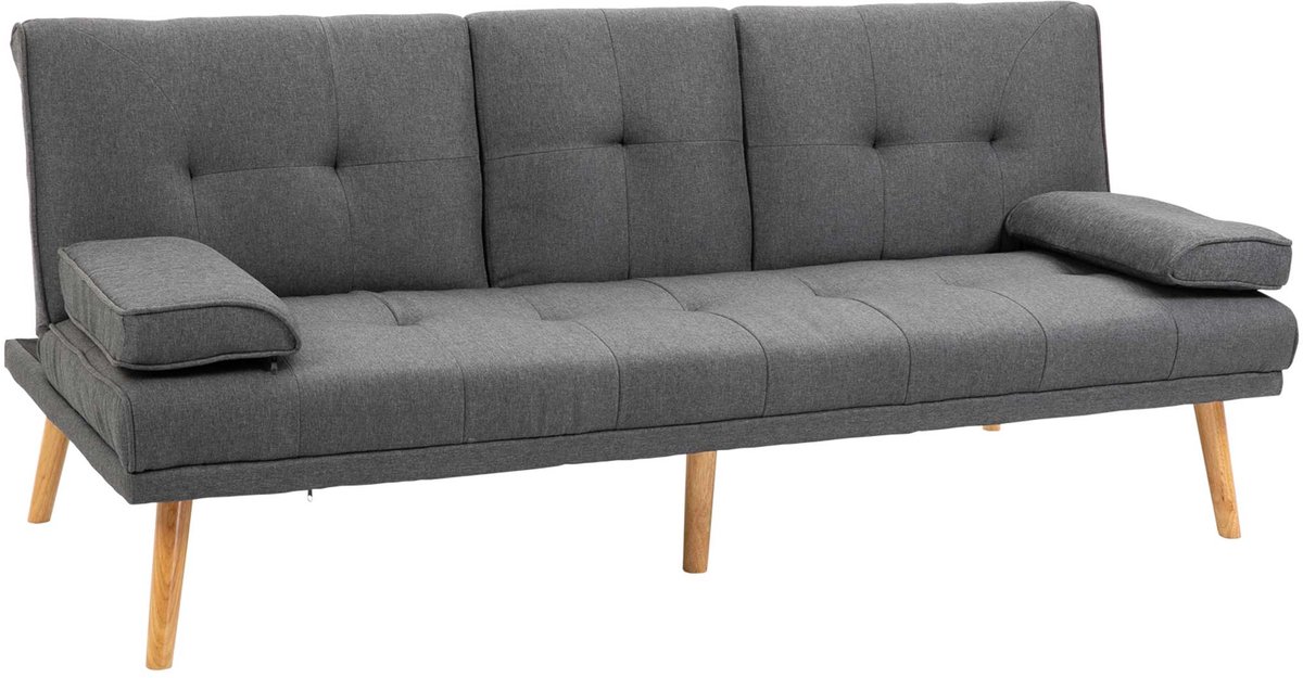 SONNENH HOMCOM Slaapbank 3-zits - 3-zits - inklapbaar tafeltje - bekerhouder - Skandi-design Donkergrijs - draagvermogen tot 250 kg