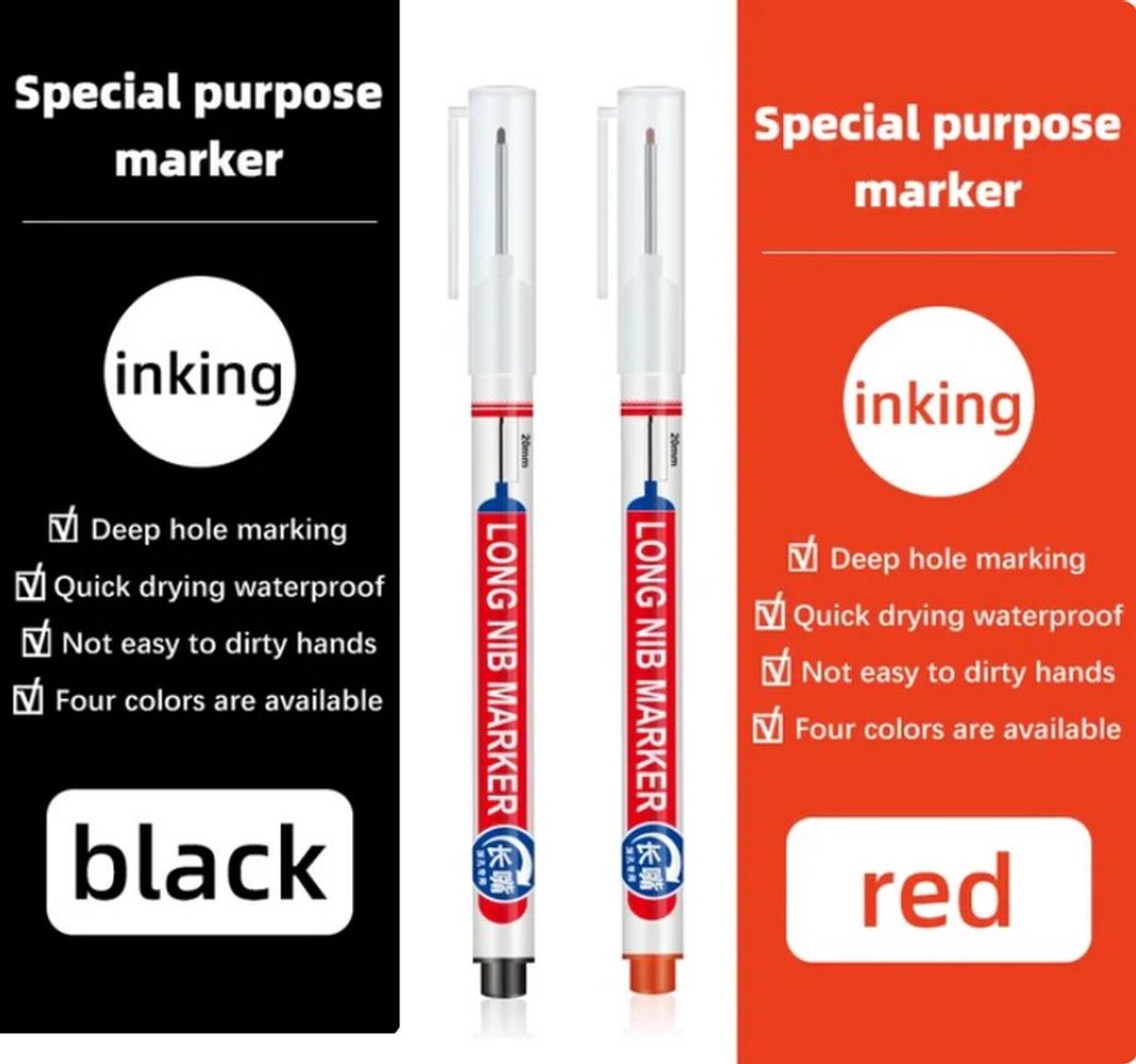TLVX 2 stuks Verlengde Permanent Marker Zwart en Rood – Markeerstift - Markeer Timmerman potlood inkt – Bouw Markering stift – Timmermanspen - 20mm Long Tip Marker – Diep gat marker – Teken Hout, Metaal, Glas, Spiegel, Tegels, Beton