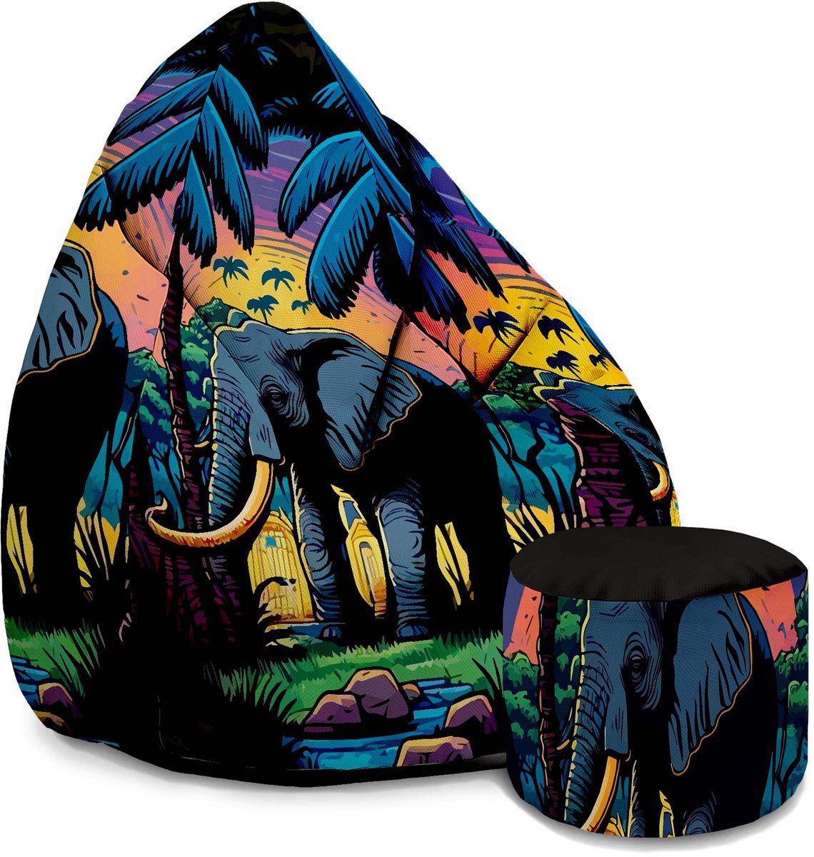DreamRoots Velvet Zitzak voor Volwassenen – Luxe Beanbag met Voetsteun en Afneembare Hoes – Inclusief Vulling – 80x80x120 cm - Elephant