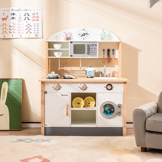 GOPLUS Kinderkeuken van hout, speelgoedkeuken met afneembare wastafel, bord, afzuigkap, magnetron, ijsmachine, oven & accessoires, speelkeuken met licht en geluid, voor kinderen vanaf 3 jaar (wit