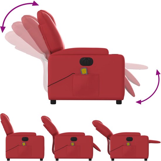 Rode massagestoel in kunstleer, met verstelbare rugleuning en voetensteun.