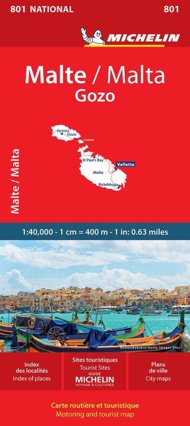 Michelin Kaart 801, Malte/Malta, Gozo. Kaart van Malta met steden en schaal 1:40.000. De kaart toont boten in een haven.