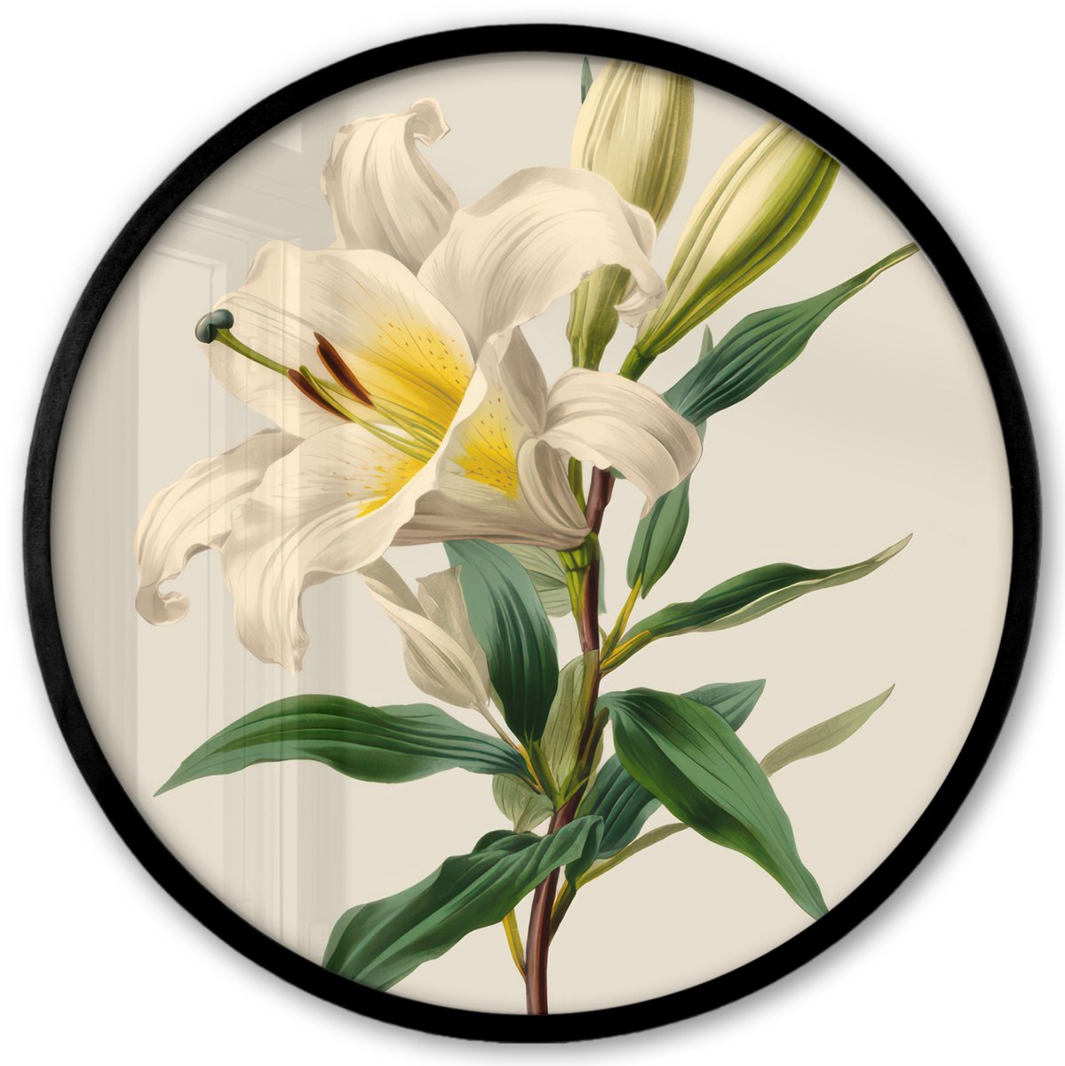 FrameYourWall Poster in lijst Rond - Fotolijst 40x40 cm - Posters - Lelie - Elegant - Botanisch - Beige - Ronde posterlijst zwart - Decoratie - Wanddecoratie woonkamer - Muurdecoratie slaapkamer