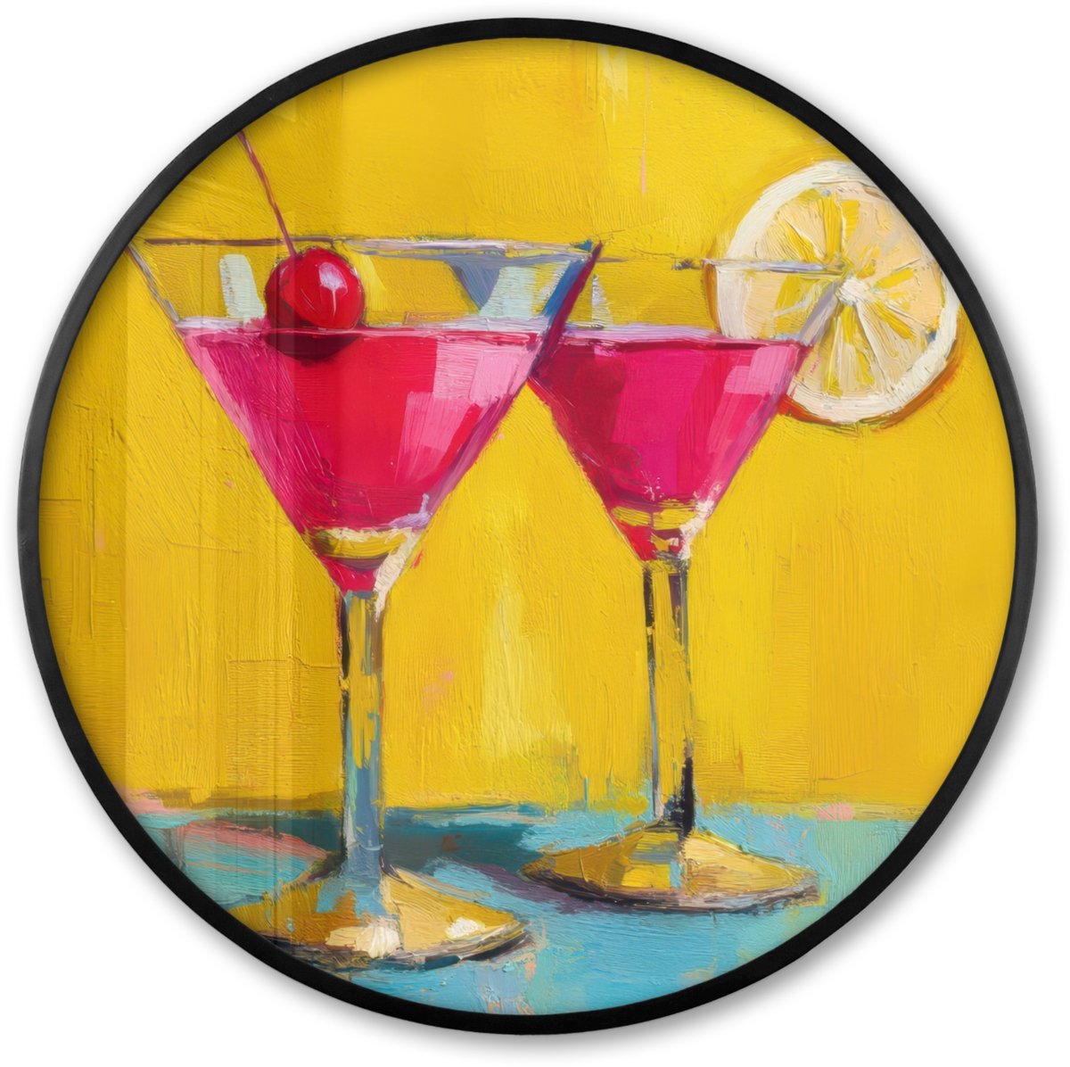 FrameYourWall Poster in lijst Rond - Fotolijst 80x80 cm - Posters - Glazen - Cocktail - Citroen - Kers - Ronde posterlijst zwart - Decoratie - Wanddecoratie woonkamer - Muurdecoratie slaapkamer