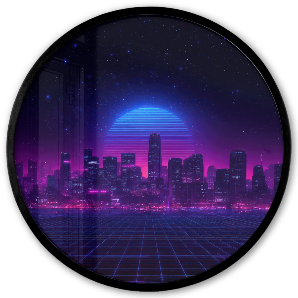 FrameYourWall Poster in lijst Rond - Fotolijst 40x40 cm - Posters - Skyline - Zon - Neon - Rasterpatroon - Ronde posterlijst zwart - Decoratie - Wanddecoratie woonkamer - Muurdecoratie slaapkamer Stad - Sterrenhemel - Neon