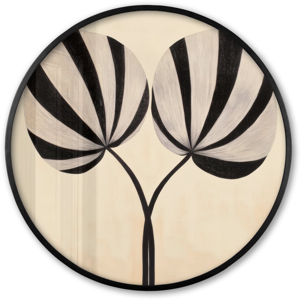 FrameYourWall Poster in lijst Rond - Fotolijst 60x60 cm - Posters - Bladeren - Gestreept - Stengel - Beige - Ronde posterlijst zwart - Decoratie - Wanddecoratie woonkamer - Muurdecoratie slaapkamer