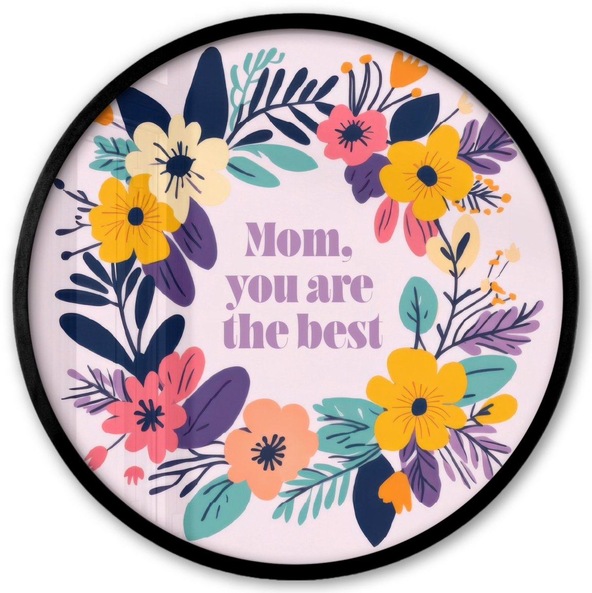 FrameYourWall Poster in lijst Rond - Fotolijst 40x40 cm - Posters - Bloemenkrans - Kleurrijk - Moeder - Ronde posterlijst zwart - Decoratie - Wanddecoratie woonkamer - Muurdecoratie slaapkamer Bloemenkrans - Tekst