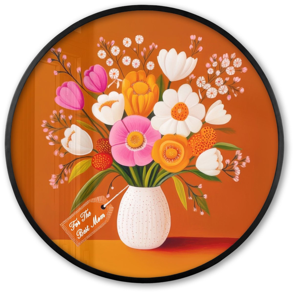FrameYourWall Poster in lijst Rond - Fotolijst 60x60 cm - Posters - Vaas - Bloemen - Oranje - Ronde posterlijst zwart - Decoratie - Wanddecoratie woonkamer - Muurdecoratie slaapkamer Boeket - Kaartje