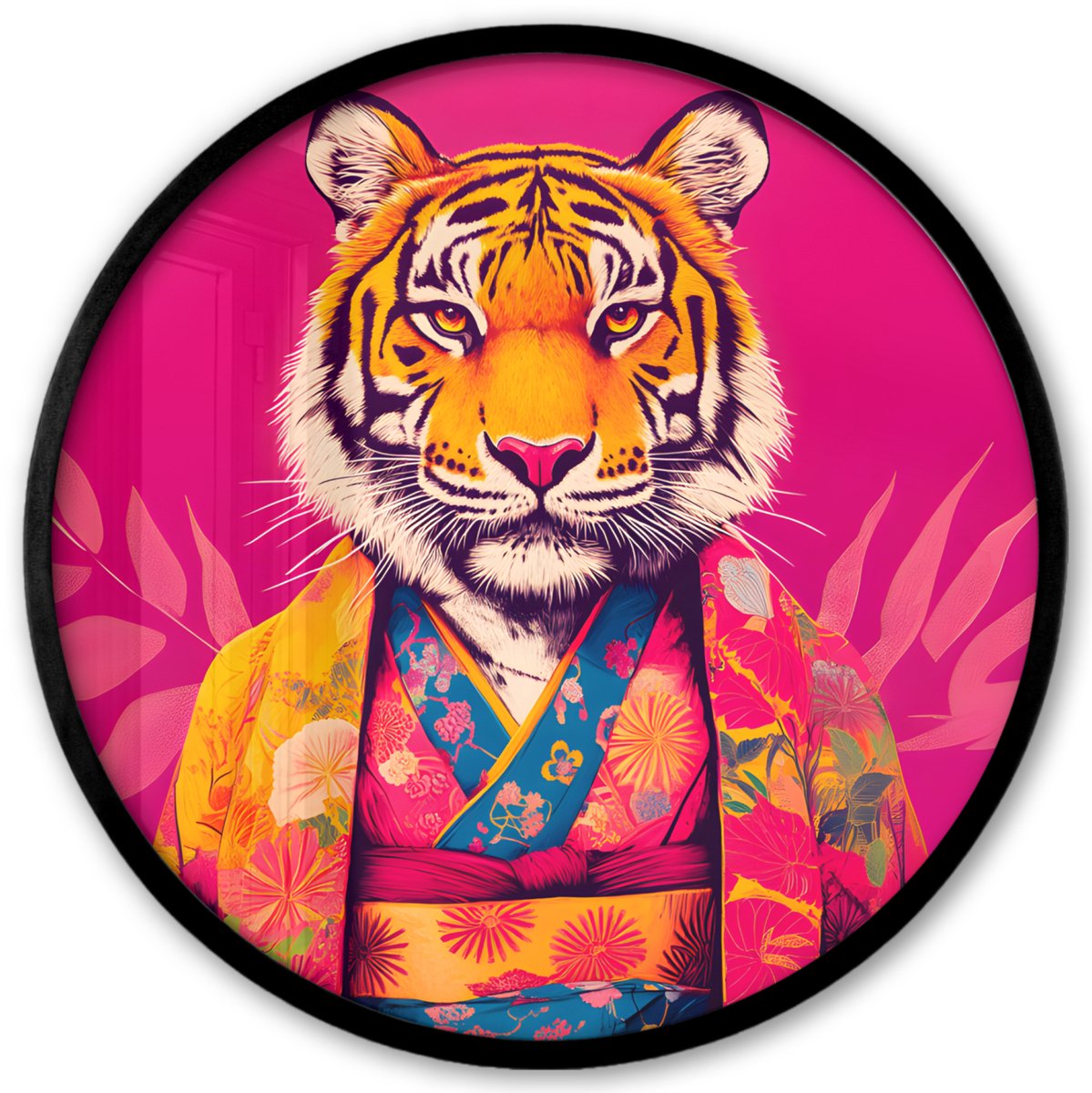 FrameYourWall Poster in lijst Rond - Fotolijst 40x40 cm - Posters - Tijger - Kimono - Planten - Roze - Ronde posterlijst zwart - Decoratie - Wanddecoratie woonkamer - Muurdecoratie slaapkamer