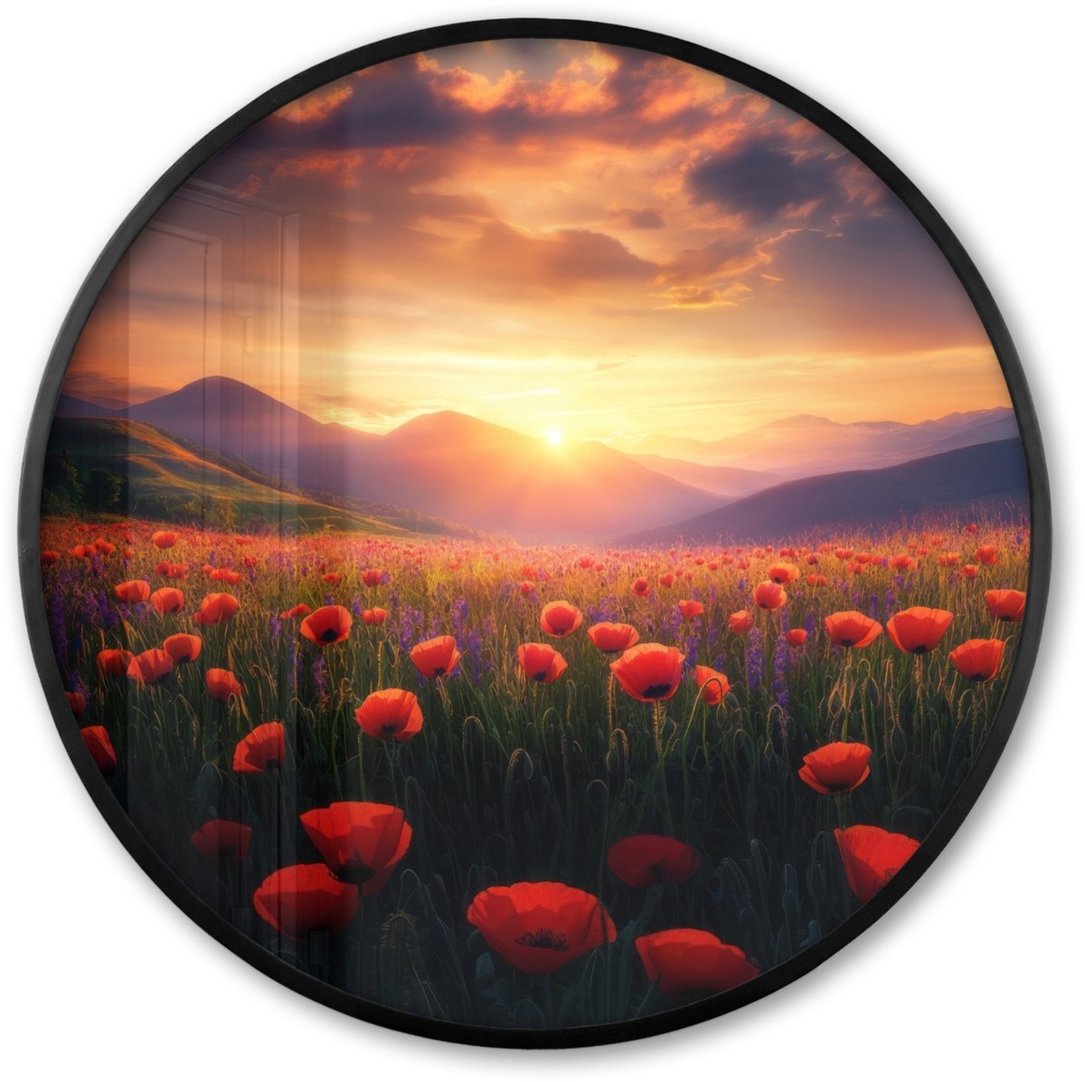 FrameYourWall Poster in lijst Rond - Fotolijst 80x80 cm - Posters - Landschap - Zonsondergang - Bloemenveld - Ronde posterlijst zwart - Decoratie - Wanddecoratie woonkamer - Muurdecoratie slaapkamer Bloemen - Klaprozen