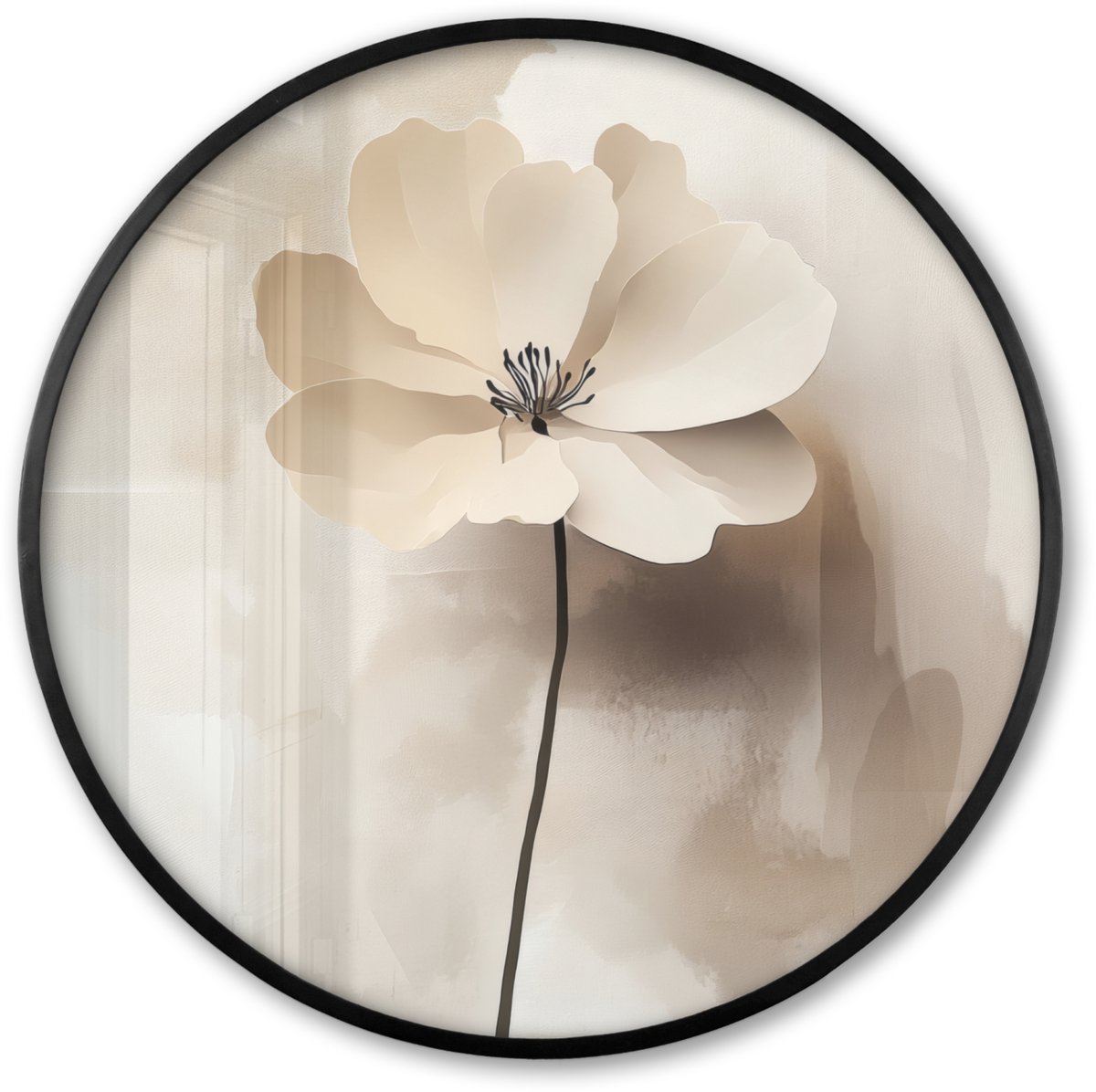 FrameYourWall Poster in lijst Rond - Fotolijst 60x60 cm - Posters - Bloem - Beige - Verf - Schaduw - Ronde posterlijst zwart - Decoratie - Wanddecoratie woonkamer - Muurdecoratie slaapkamer Bloem - Verf