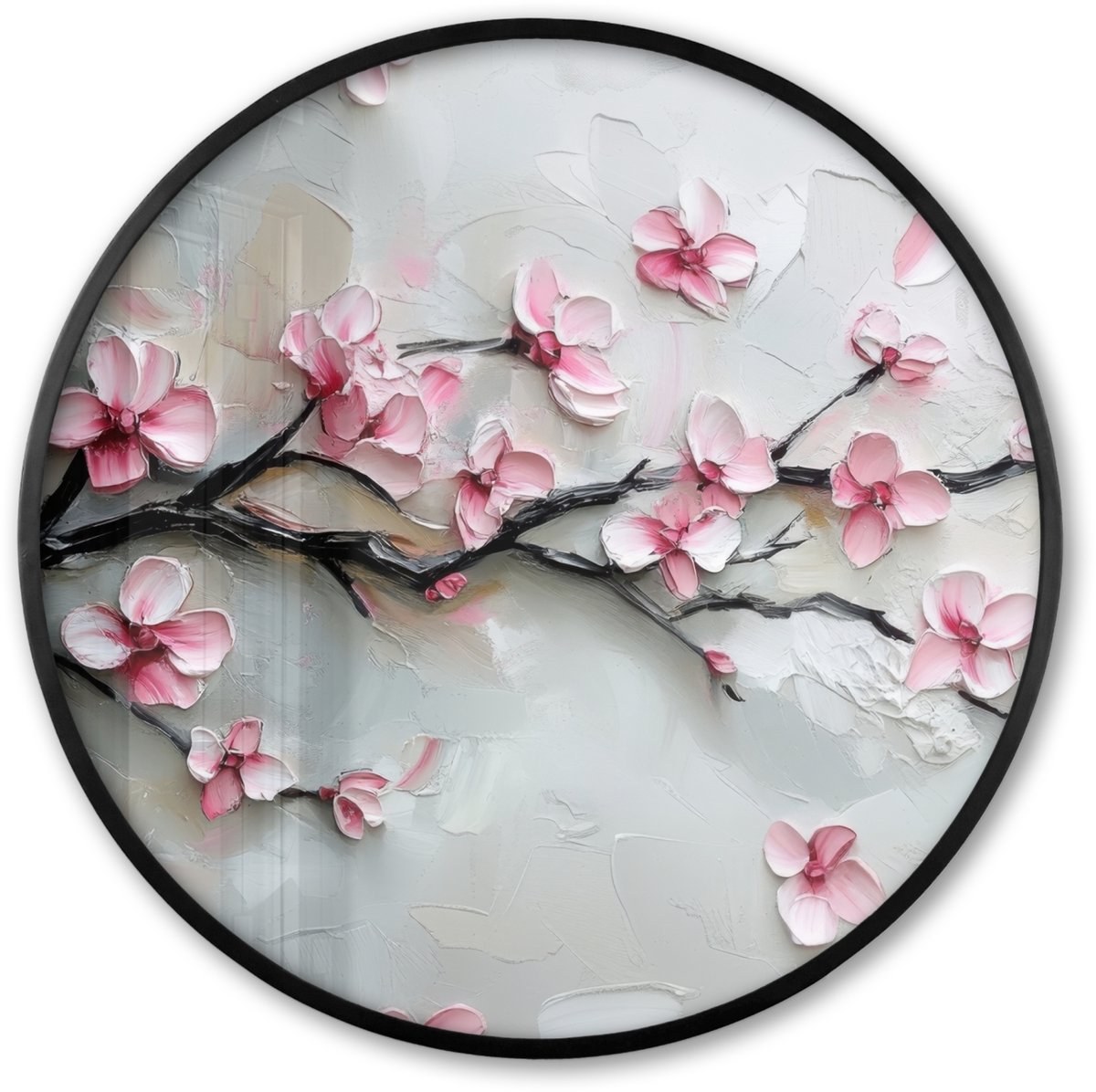FrameYourWall Poster in lijst Rond - Fotolijst 60x60 cm - Posters - Bloesem - Kunstzinnig - Roze - Sakura - Ronde posterlijst zwart - Decoratie - Wanddecoratie woonkamer - Muurdecoratie slaapkamer