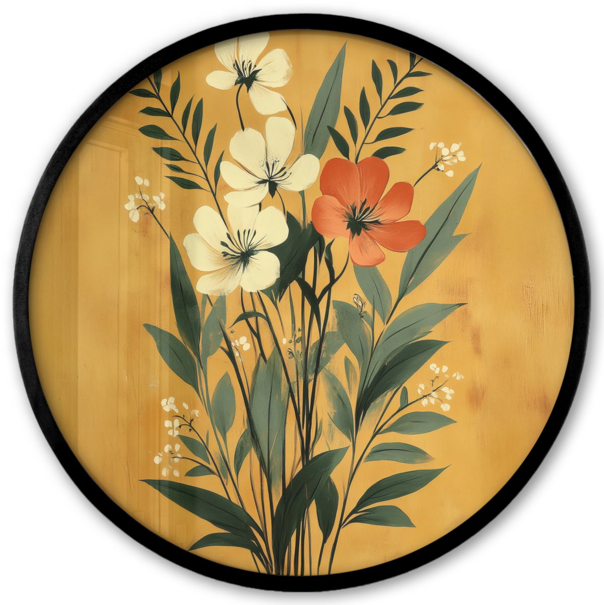 FrameYourWall Poster in lijst Rond - Fotolijst 40x40 cm - Posters - Bladeren - Boeket - Bloemen - Geel - Ronde posterlijst zwart - Decoratie - Wanddecoratie woonkamer - Muurdecoratie slaapkamer