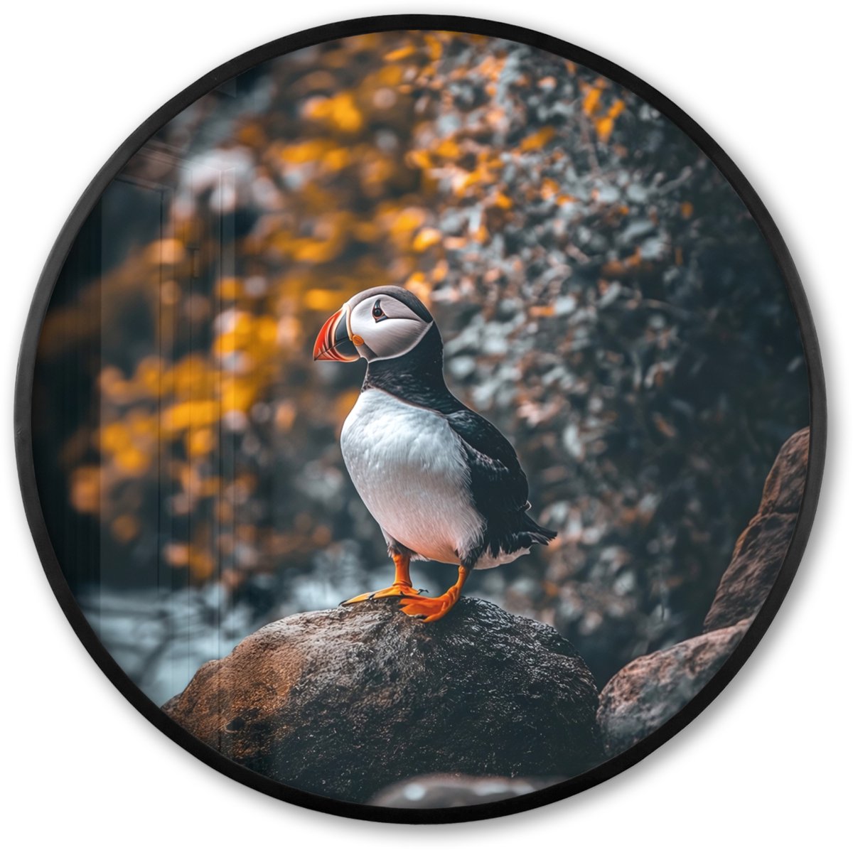 FrameYourWall Poster in lijst Rond - Fotolijst 60x60 cm - Posters - Papegaai - Vogel - Rots - Wit - Ronde posterlijst zwart - Decoratie - Wanddecoratie woonkamer - Muurdecoratie slaapkamer Papegaaiduiker