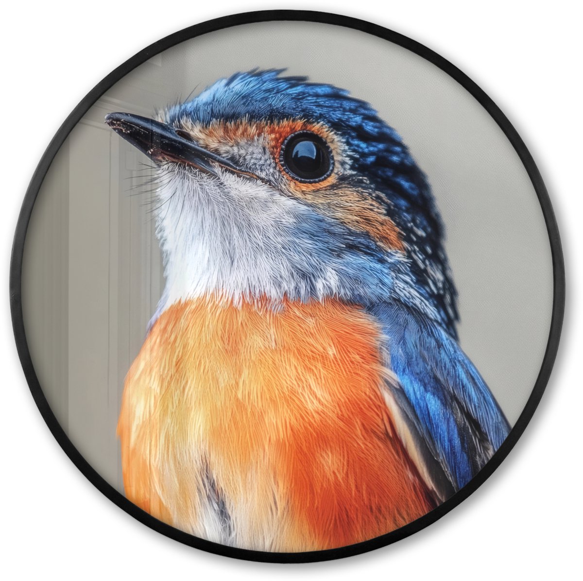 FrameYourWall Poster in lijst Rond - Fotolijst 80x80 cm - Posters - Kleurrijk - Vogeltje - Veren - Blauw - Ronde posterlijst zwart - Decoratie - Wanddecoratie woonkamer - Muurdecoratie slaapkamer