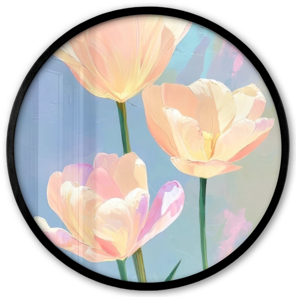 FrameYourWall Poster in lijst Rond - Fotolijst 40x40 cm - Posters - Tulpen - Roze accenten - Blauw - Ronde posterlijst zwart - Decoratie - Wanddecoratie woonkamer - Muurdecoratie slaapkamer
