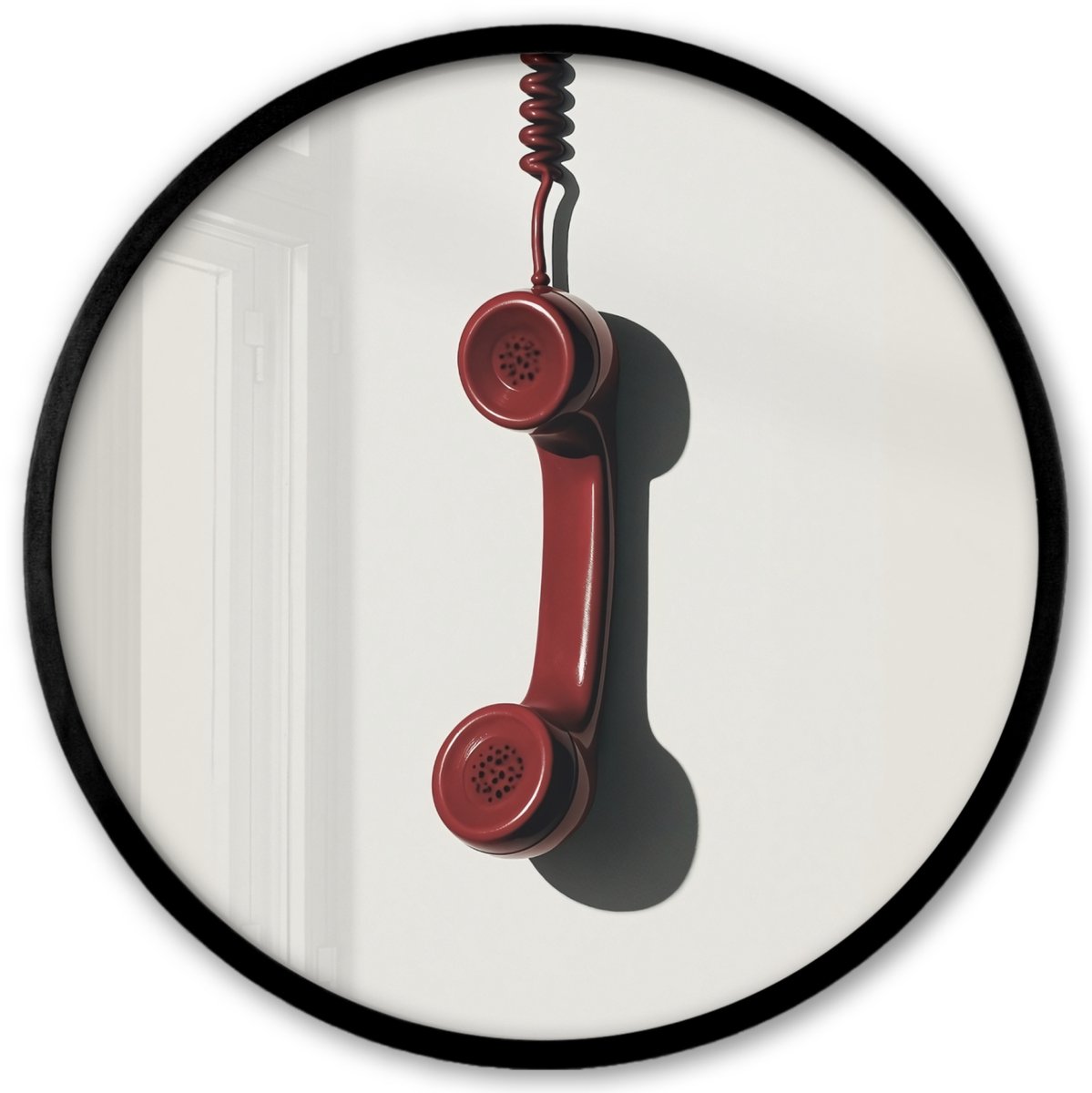 FrameYourWall Poster in lijst Rond - Fotolijst 40x40 cm - Posters - Telefoon - Koord - Rood - Minimalistisch - Ronde posterlijst zwart - Decoratie - Wanddecoratie woonkamer - Muurdecoratie slaapkamer