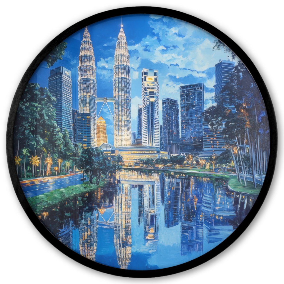 FrameYourWall Poster in lijst Rond - Fotolijst 40x40 cm - Posters - Stad Kuala Lumpur - Skyline - Wolkenkrabbers - Water - Ronde posterlijst zwart - Decoratie - Wanddecoratie woonkamer - Muurdecoratie slaapkamer Stad - Skyline