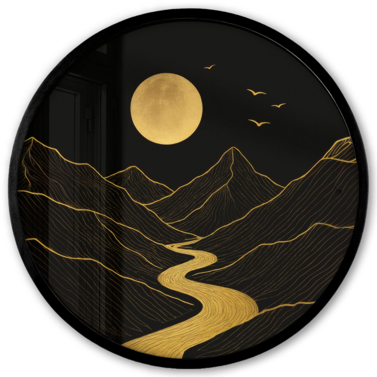 FrameYourWall Poster in lijst Rond - Fotolijst 40x40 cm - Posters - Rivier - Goud - Maan - Vogels - Ronde posterlijst zwart - Decoratie - Wanddecoratie woonkamer - Muurdecoratie slaapkamer Rivier - Bergen - Maan