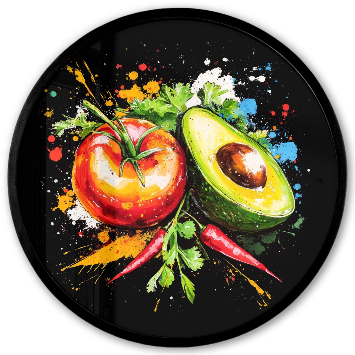 FrameYourWall Poster in lijst Rond - Fotolijst 40x40 cm - Posters - Tomaat - Avocado - Peper - Graffiti - Verf - Modern - Ronde posterlijst zwart - Decoratie - Wanddecoratie woonkamer - Muurdecoratie slaapkamer Graffiti - Groente