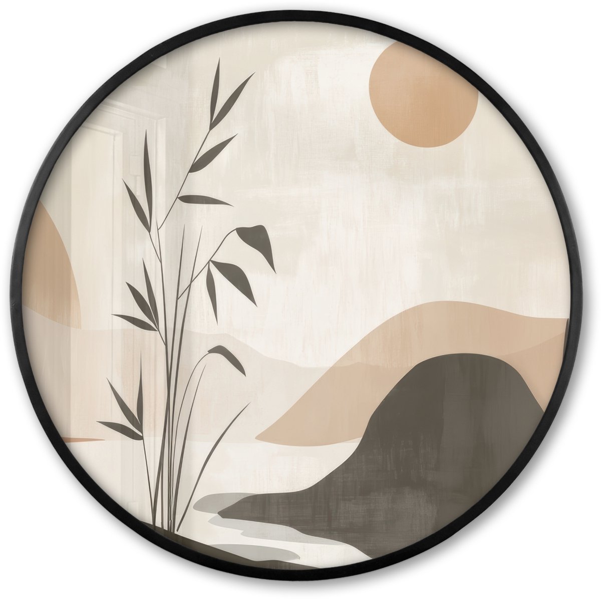 FrameYourWall Poster in lijst Rond - Fotolijst 60x60 cm - Posters - Japandi - Landschap - Beige - Ronde posterlijst zwart - Decoratie - Wanddecoratie woonkamer - Muurdecoratie slaapkamer Natuur