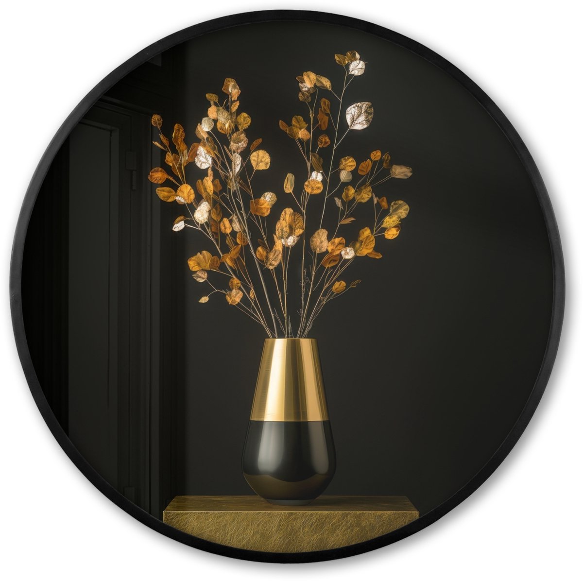FrameYourWall Poster in lijst Rond - Fotolijst 80x80 cm - Posters - Goudbruine - Bladeren - Vaas - Herfstachtig - Ronde posterlijst zwart - Decoratie - Wanddecoratie woonkamer - Muurdecoratie slaapkamer Boeket - Bloemen 2