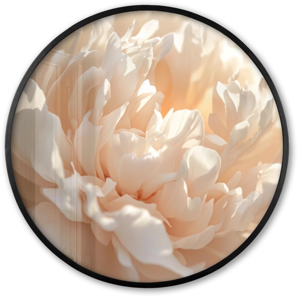 FrameYourWall Poster in lijst Rond - Fotolijst 60x60 cm - Posters - Close up - Pioenroos - Lichtroze - Ronde posterlijst zwart - Decoratie - Wanddecoratie woonkamer - Muurdecoratie slaapkamer