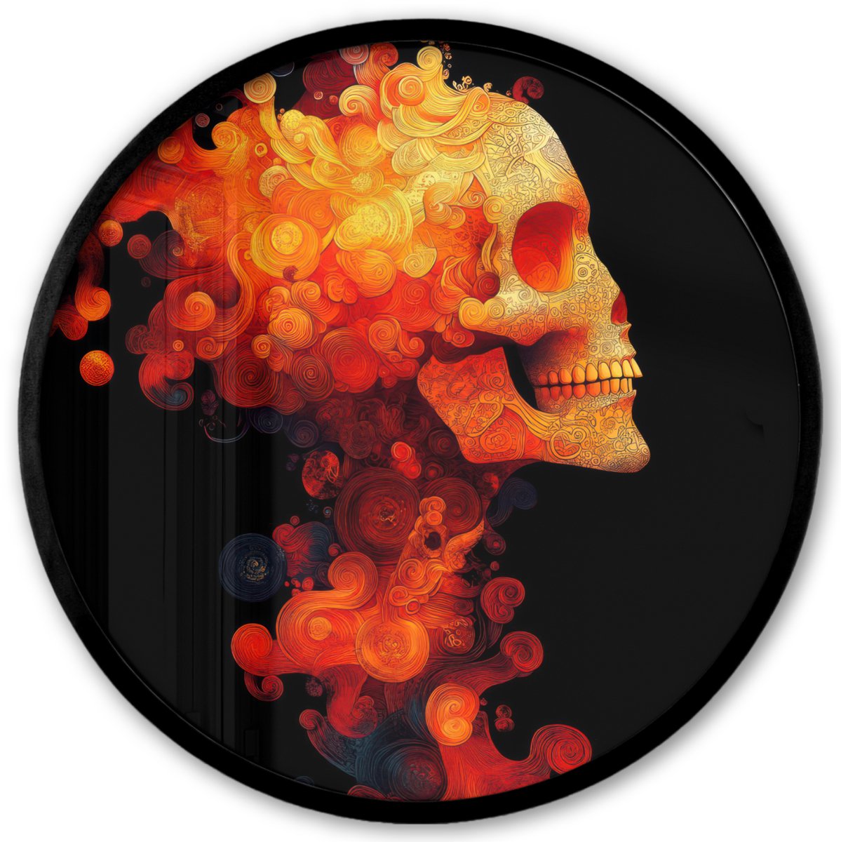 FrameYourWall Poster in lijst Rond - Fotolijst 40x40 cm - Posters - Schedel - Oranje - Zijaanzicht - Vlammen - Ronde posterlijst zwart - Decoratie - Wanddecoratie woonkamer - Muurdecoratie slaapkamer Schedel - Vlammen