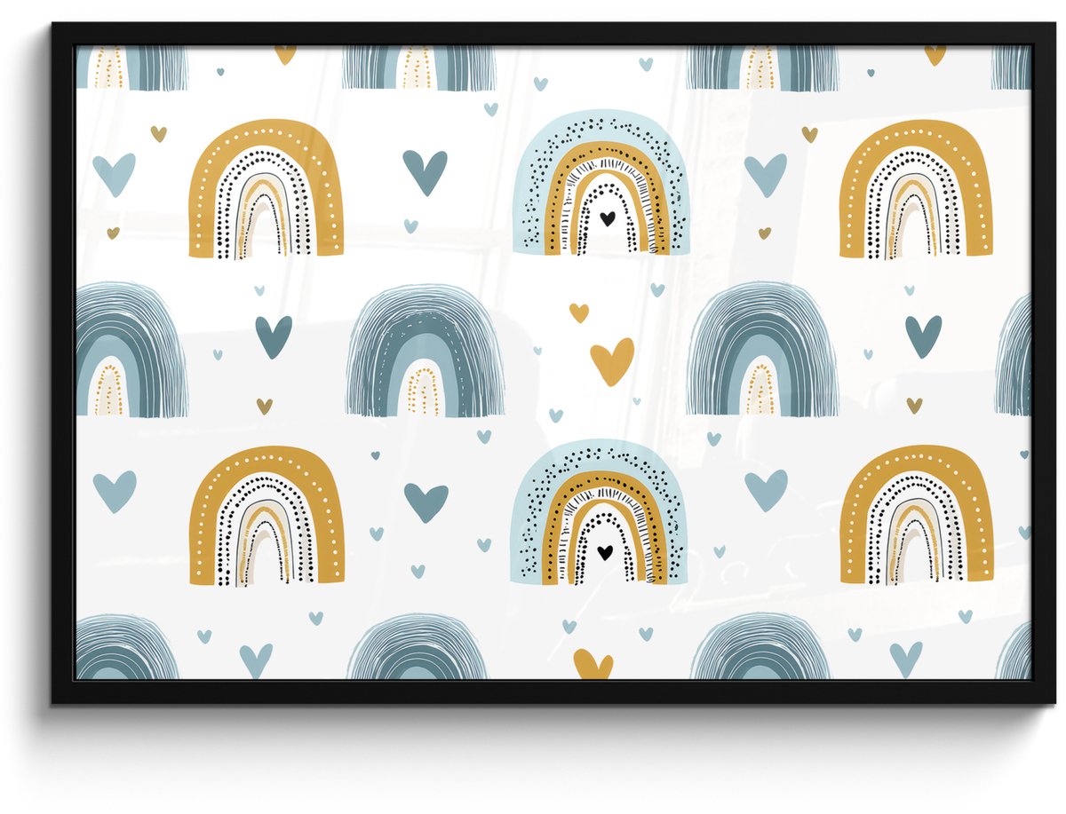 FrameYourWall Poster in lijst - Fotolijst 90x60 cm - Posters - Patroon - Regenboog - Hartjes - Posterlijst zwart - Decoratie - Wanddecoratie woonkamer - Muurdecoratie slaapkamer Multicolor