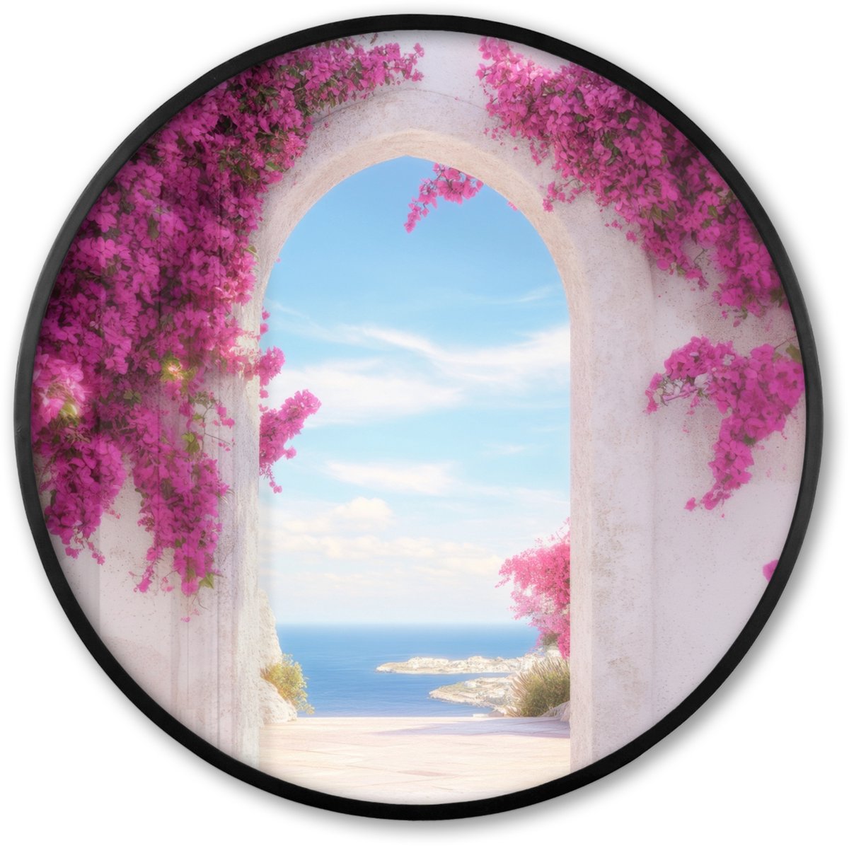 FrameYourWall Poster in lijst Rond - Fotolijst 80x80 cm - Posters - Zee - Roze - Bloemen - Poort - Ronde posterlijst zwart - Decoratie - Wanddecoratie woonkamer - Muurdecoratie slaapkamer Witte poort - Roze bloemen