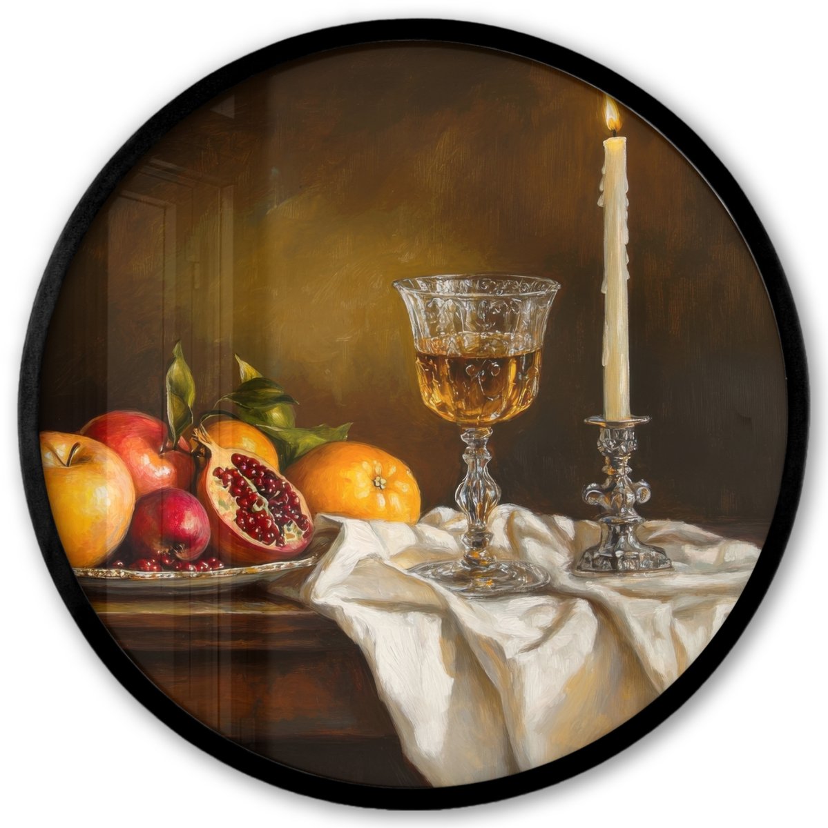FrameYourWall Poster in lijst Rond - Fotolijst 40x40 cm - Posters - Fruit - Stilleven - Wijn - Kaars - Ronde posterlijst zwart - Decoratie - Wanddecoratie woonkamer - Muurdecoratie slaapkamer Kaars - Stilleven