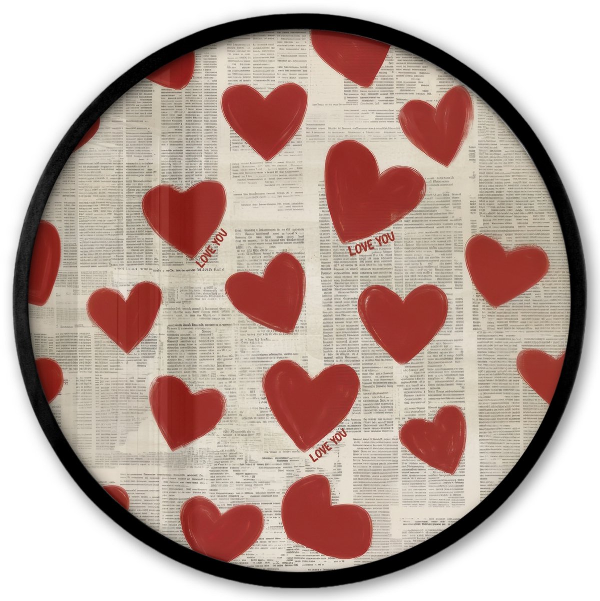 FrameYourWall Poster in lijst Rond - Fotolijst 40x40 cm - Posters - Hartjes - Krant - Loveyou - Ronde posterlijst zwart - Decoratie - Wanddecoratie woonkamer - Muurdecoratie slaapkamer