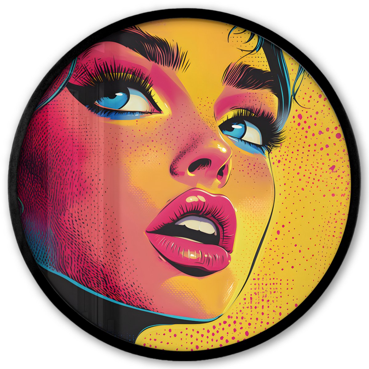 FrameYourWall Poster in lijst Rond - Fotolijst 40x40 cm - Posters - Close-up - Vrouwengezicht - Stippen - Geel - Ronde posterlijst zwart - Decoratie - Wanddecoratie woonkamer - Muurdecoratie slaapkamer Gezicht - Vrouw