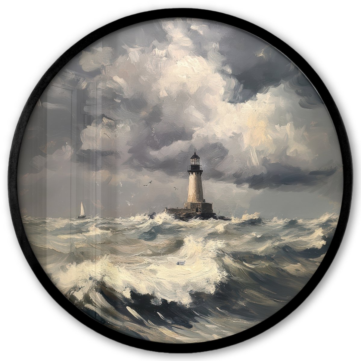 FrameYourWall Poster in lijst Rond - Fotolijst 40x40 cm - Posters - Vuurtoren - Golven - Storm - Ronde posterlijst zwart - Decoratie - Wanddecoratie woonkamer - Muurdecoratie slaapkamer