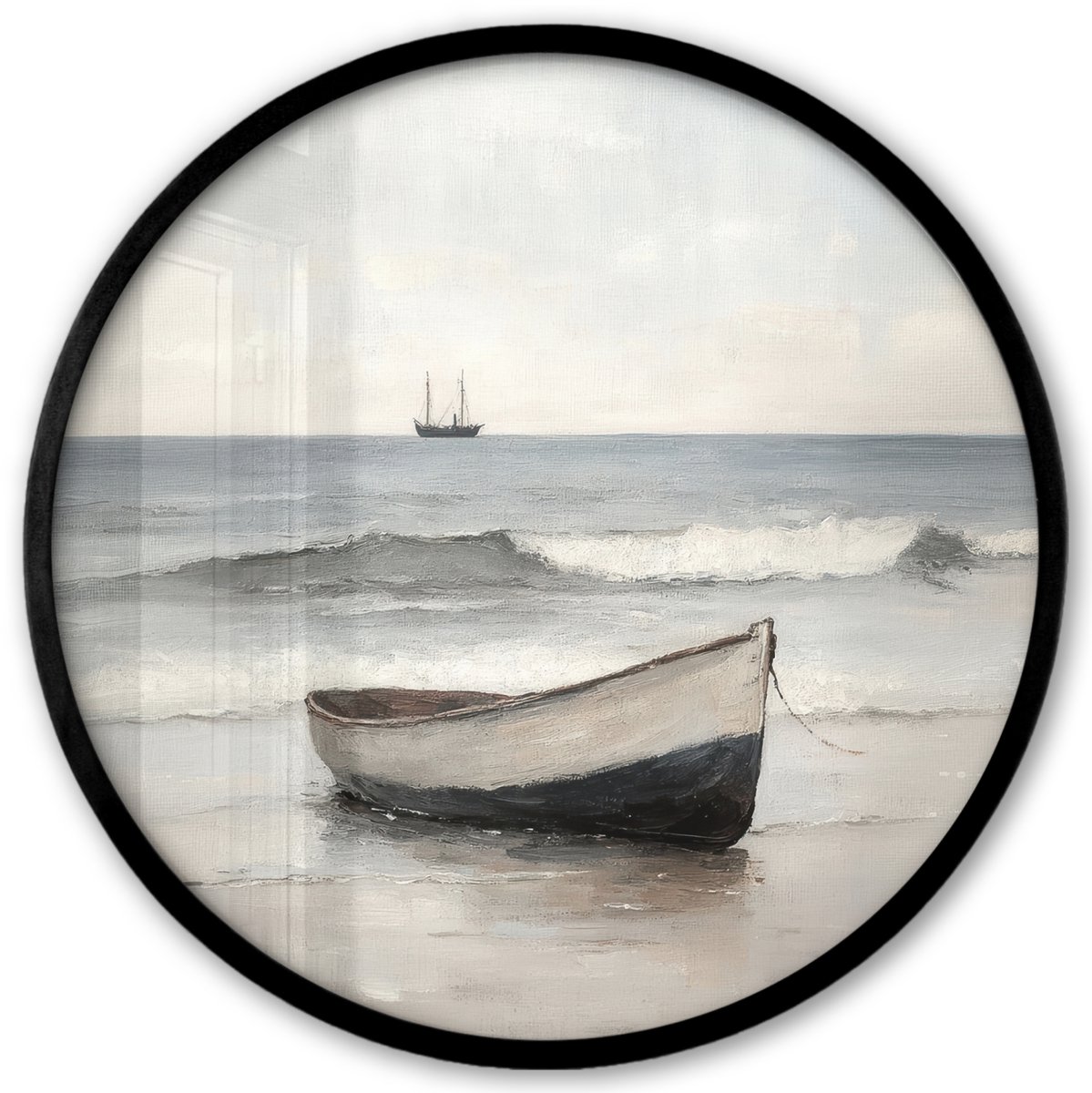 FrameYourWall Poster in lijst Rond - Fotolijst 40x40 cm - Posters - Roeiboot - Zee - Horizon - Ronde posterlijst zwart - Decoratie - Wanddecoratie woonkamer - Muurdecoratie slaapkamer