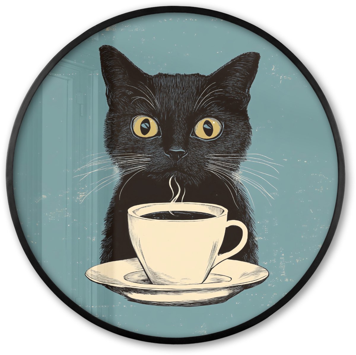 FrameYourWall Poster in lijst Rond - Fotolijst 60x60 cm - Posters - Kat - Zwart - Koffie - Minimalistisch - Ronde posterlijst zwart - Decoratie - Wanddecoratie woonkamer - Muurdecoratie slaapkamer Kat - Koffie