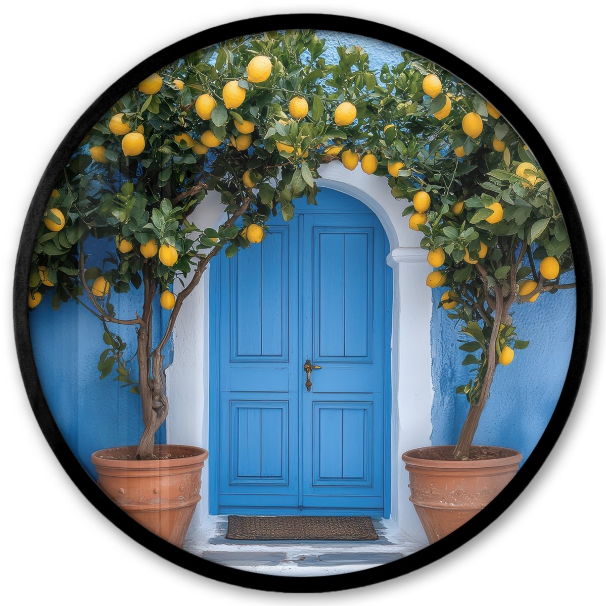 FrameYourWall Poster in lijst Rond - Fotolijst 40x40 cm - Posters - Citroenbomen - Geel - Deur - Potten - Ronde posterlijst zwart - Decoratie - Wanddecoratie woonkamer - Muurdecoratie slaapkamer Deur - Bloemen