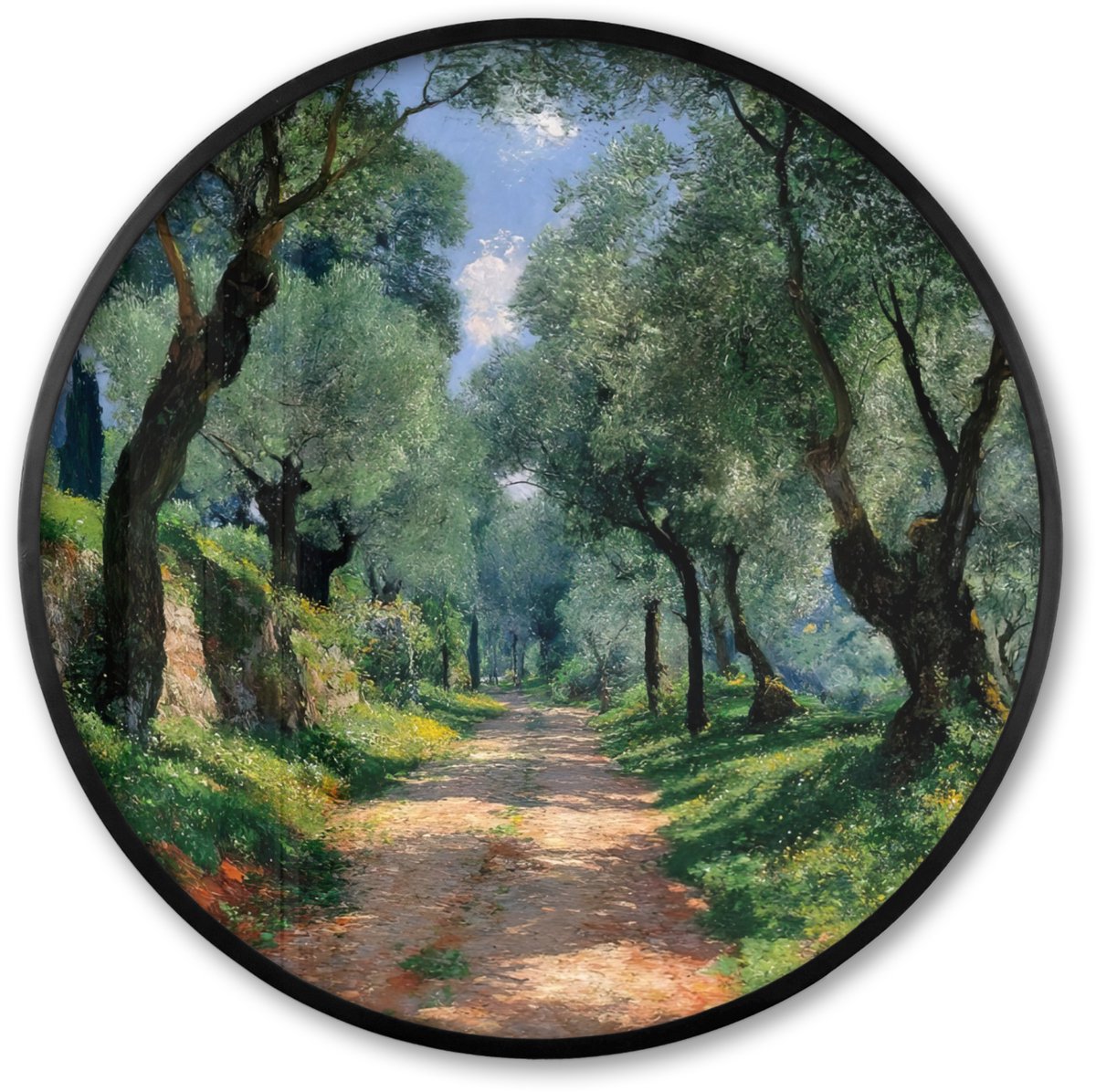 FrameYourWall Poster in lijst Rond - Fotolijst 60x60 cm - Posters - Pad - Bomen - Schaduw - Ronde posterlijst zwart - Decoratie - Wanddecoratie woonkamer - Muurdecoratie slaapkamer