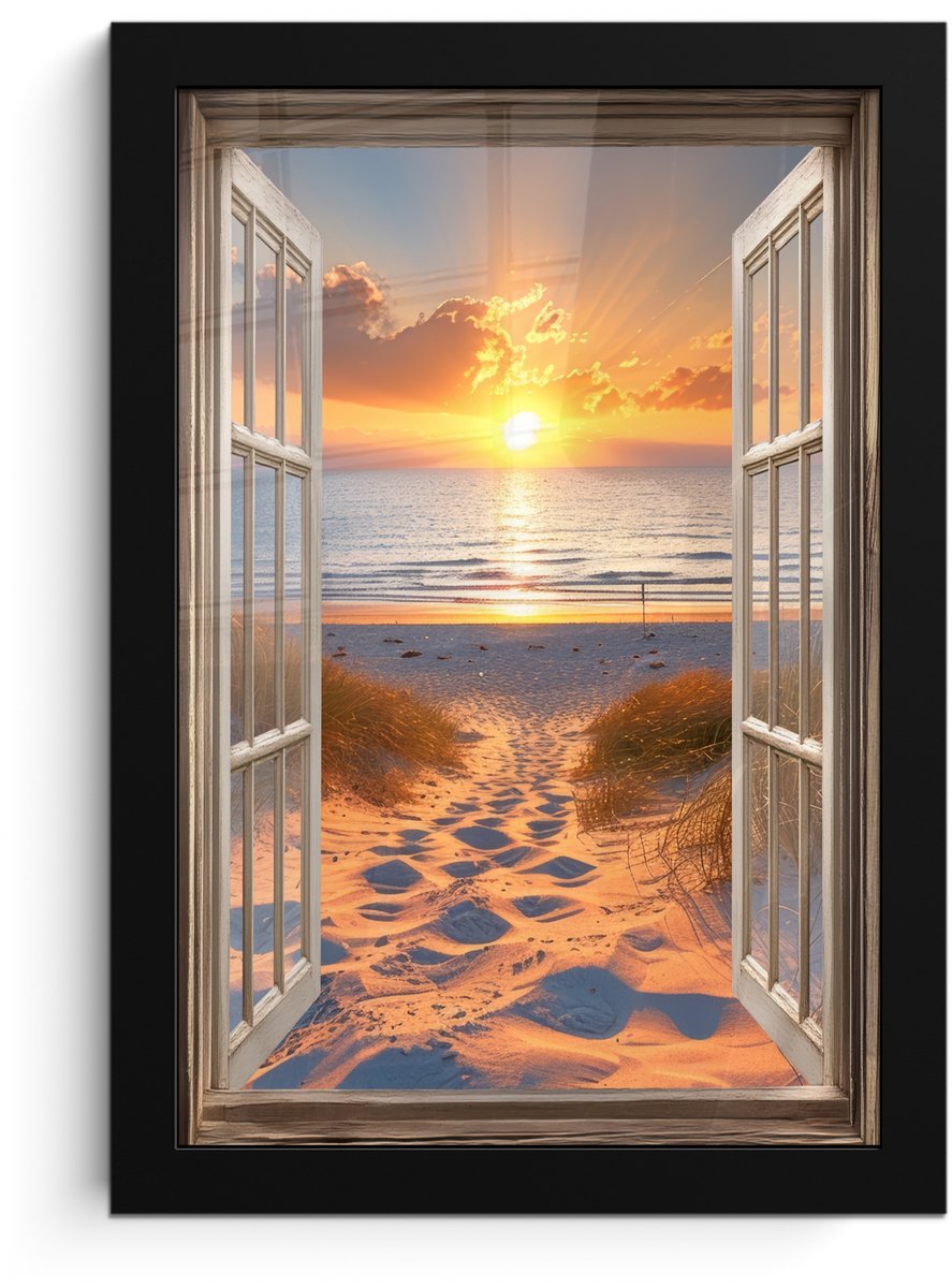 FrameYourWall Poster in lijst - Fotolijst 20x30 cm - Posters - Doorkijk - Strand - Duinen - Zonsondergang - Posterlijst zwart - Decoratie - Wanddecoratie woonkamer - Muurdecoratie slaapkamer Zonsondergang - Duinen