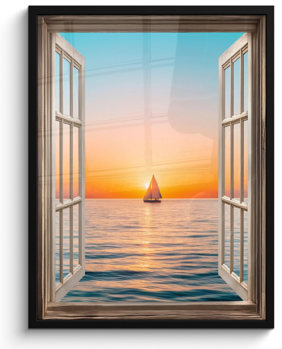 FrameYourWall Poster in lijst - Fotolijst 60x80 cm - Posters - Doorkijk - Zee - Boot - Zonsondergang - Posterlijst zwart - Decoratie - Wanddecoratie woonkamer - Muurdecoratie slaapkamer Zonsondergang - Boot