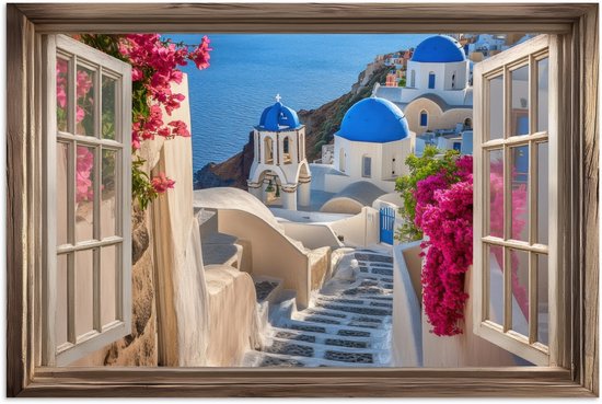Poster 60x40 cm - Doorkijk - Santorini - Landschap - Blauw - Grieks - Posters - Kamer decoratie - Wanddecoratie woonkamer - Muurdecoratie slaapkamer